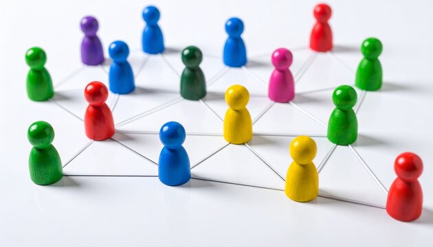 Multicolored pawns connected by lines on white surface, symbolizing social network