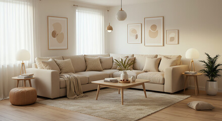 Living room interior with beige couch furniture