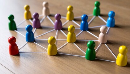 Colorful wooden figurines connected by white strings on wood surface