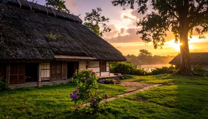 Fototapeta premium Sunrise over a traditional thatched-roof home