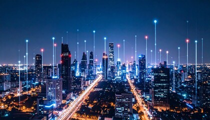 Smart city skyline with glowing data lines and digital connectivity
