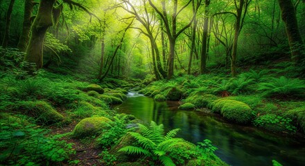 Obraz premium Enchanted Forest Stream A Serene Journey Through Lush Greenery, Mossy Rocks, and Sunlight Filtering Through Towering Trees, Creating a Peaceful Oasis for Nature Lovers to Discover Tranquility