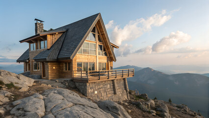 A mountain cabin with a stone chimney and a wooden deck overlooking distant mountains 