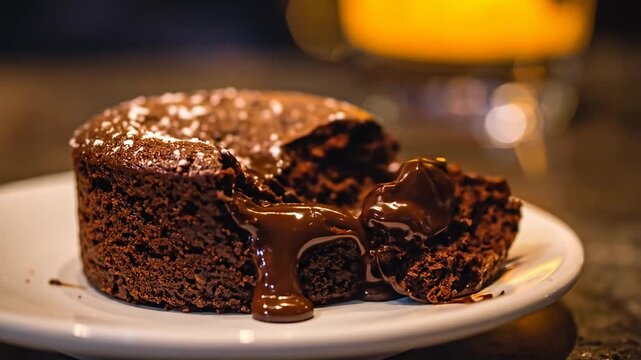 Molten chocolate cake being broken open with a spoon, rich chocolate dripping out