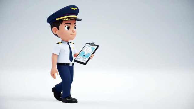 Animated pilot character walking with clipboard against a clean white background