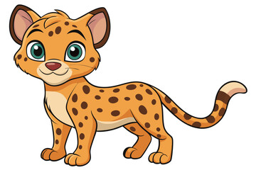Cartoon Spotted Yellow Cheetah Cub Standing on White Background,