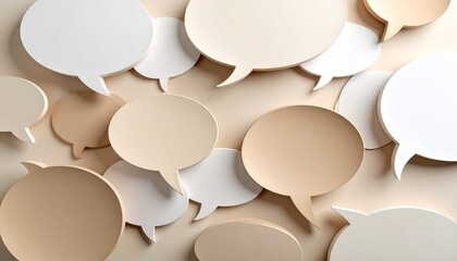 3D speech bubbles in beige tones scattered across flat surface