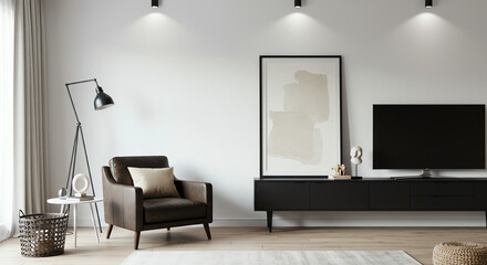 Living room interior with chair and television