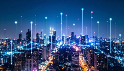 Smart city skyline with glowing data lines and digital connectivity