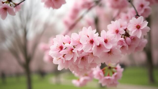Beautiful spring background with pink flowers of cherry tree in spring time in Prague park. High quality 4k footage