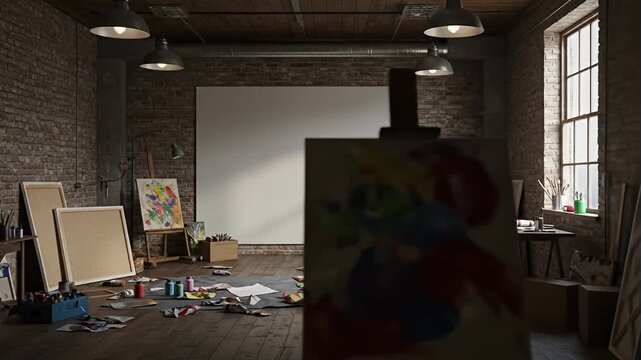 Artistic workspace featuring canvases, easels, paint tubes, and brushes in a brick-walled room
