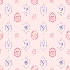 Obraz premium Seamless pink pattern with cakes, cocktails, and floral motifs. Feminine and elegant design for party decor, invitations, textiles, wrapping paper, and lifestyle products.
