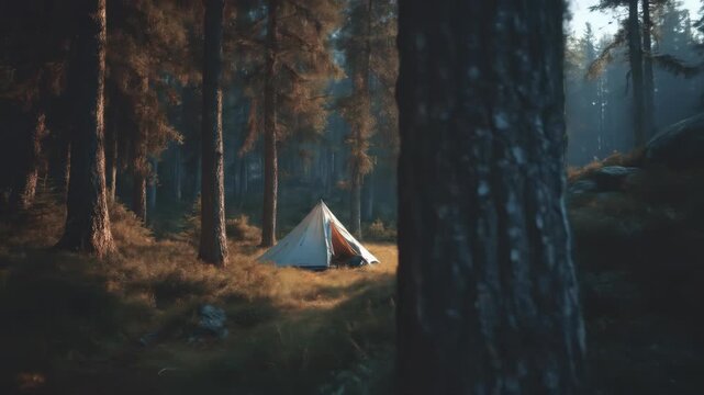 A lone, cream-colored, conical tent nestled within a dense, sun-dappled forest.  Morning mist clings to 