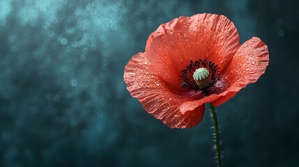 Obraz premium A vibrant red poppy adorned with water droplets against a soft bokeh background