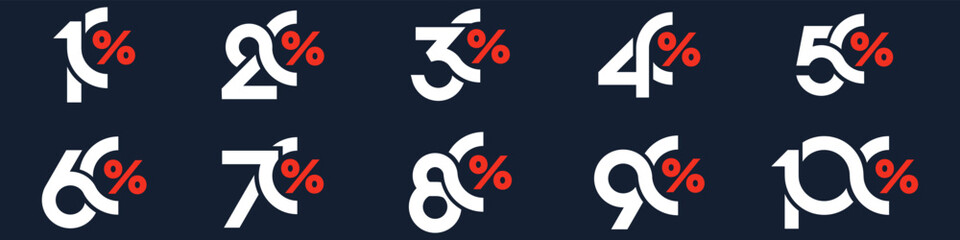 set of collection of discount numbers, Sale icons or tags with 10, 20, 30, 40, 50, 60, 70, 80, 90 percent discount. Vector illustration.