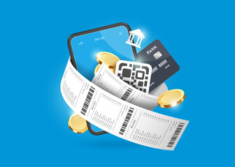Receipt paper wrapped around a smartphone, credit card, QR code and coins floating around it for advertising online payments via smartphone app transfer or scanning, vector 3d for digital payment