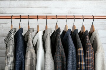 A collection of stylish jackets neatly hung on a copper rod against a textured wall, showcasing a variety of patterns and colors.