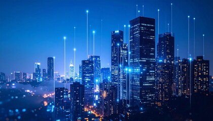 Futuristic cityscape at night with glowing blue towers and digital network beams