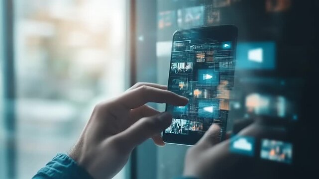 Person browsing a digital library of multimedia content on a smartphone, streaming videos and photos online