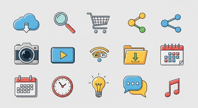 Vector Icon Set Featuring Essential Design Elements for Web and Mobile Applications A Collection of Versatile Symbols for Cloud Storage, E-Commerce, Communication, and Multimedia