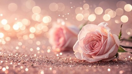 Two Pink Roses on Rose Gold Glitter with Bokeh