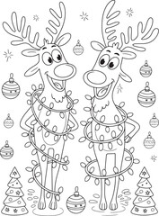 Obraz premium Two cartoon reindeer are wrapped in string lights with a transparent background