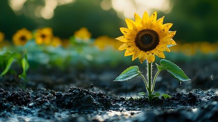 A single vibrant sunflower pushes through dark wet earth a symbol of growth and resilience in nature