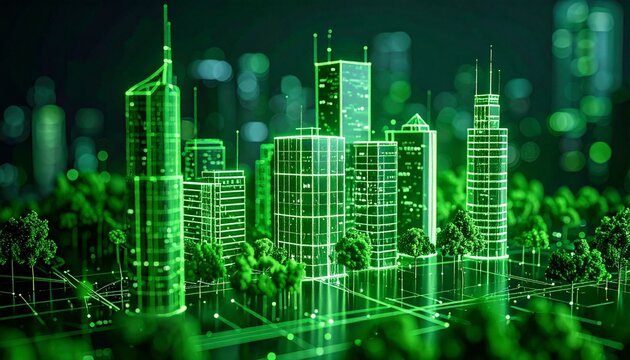 Green wireframe city with trees symbolizing digital sustainability