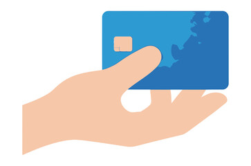 A human hand is holding a blue credit card with a chip and a world map design symbolizing global financial transactions and payment