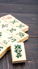 Mahjong tiles arranged on a dark wooden surface