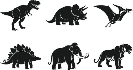 Prehistoric animal silhouettes, dinosaur vector icons, extinct species illustration, black cartoon shapes of mammoth, saber-toothed cat, pteranodon, triceratops, stegosaurus © Farzana