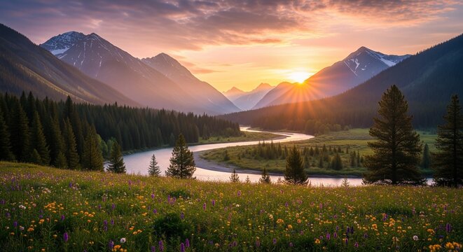 Scenic Sunset over the Mountain Valley A Breathtaking Landscape of Winding River, Lush Meadow, and Majestic Peaks Bathed in the Golden Light of Dusk in Nature's Embrace