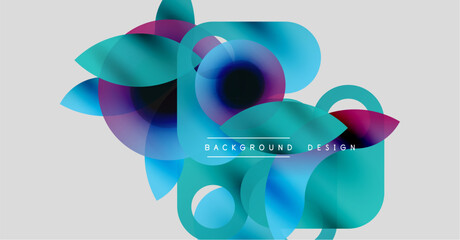 Abstract colorful shapes overlap, creating dynamic visual effect. Gradient hues blend, forming modern background design.