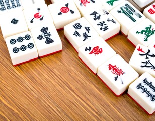 Mahjong tiles arranged on a wooden surface (1)