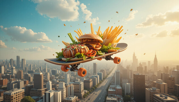 Fast delivery with a skateboard floating over the city, decorated with a burger, French fries and fresh vegetables