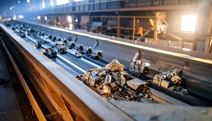 Industrial metal plant with glowing sparks and raw material piles