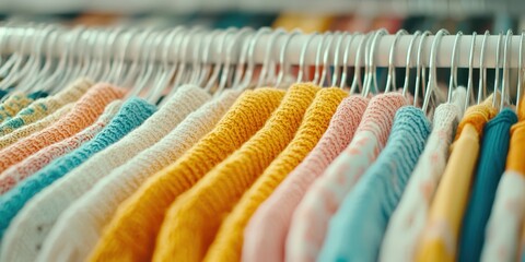 A colorful display of knit sweaters hanging on hangers, showcasing various textures and hues in a cozy retail environment.