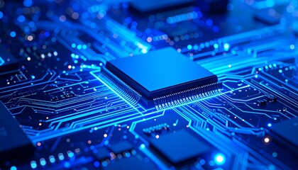 Blue-glowing CPU chip on motherboard with circuit patterns