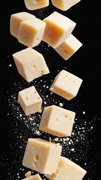 closeup cheese cubes levitating on black background