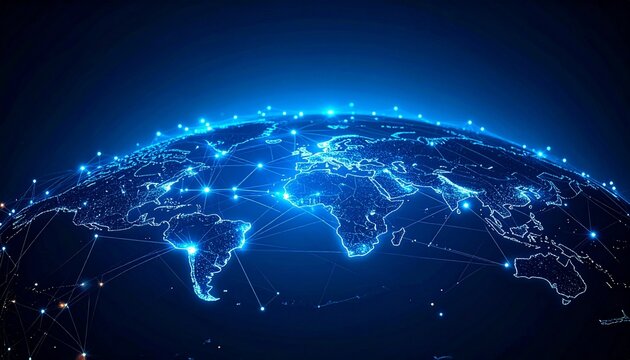 Glowing blue Earth with digital network across continents