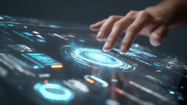A hand interacts with a futuristic, glowing, interactive touch screen interface