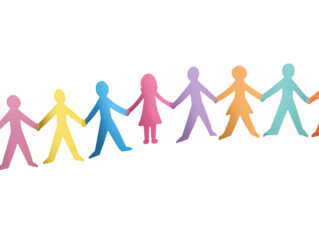 A row of paper cut-out people, various colors, holding hands