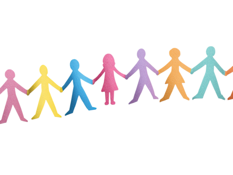 A row of paper cut-out people, various colors, holding hands