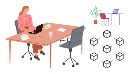 Fototapeta premium Woman using laptop at wooden desk with blockchain network diagram, nearby chair, plant, and extra workspace. Ideal for technology, remote work, innovation, teamwork, blockchain productivity simple