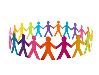 Colorful paper cutouts of people holding hands in a circle