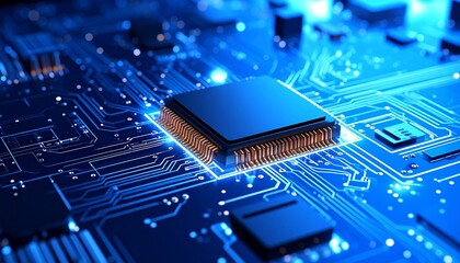 Blue-glowing CPU chip on motherboard with circuit patterns