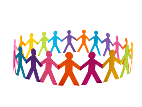 Colorful paper cutouts of people holding hands in a circle
