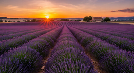 Obraz premium Vector illustration of vast lavender field in provence at sunset, with rows of purple flowers stretching towards the horizon