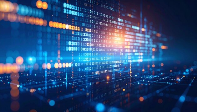 Glowing binary data stream in blue and orange on dark tech background - Powered by Adobe