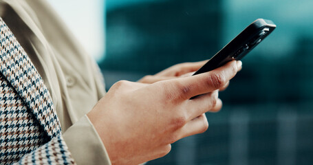 Phone, hands and businesswoman in city with contact, communication or connectivity online....